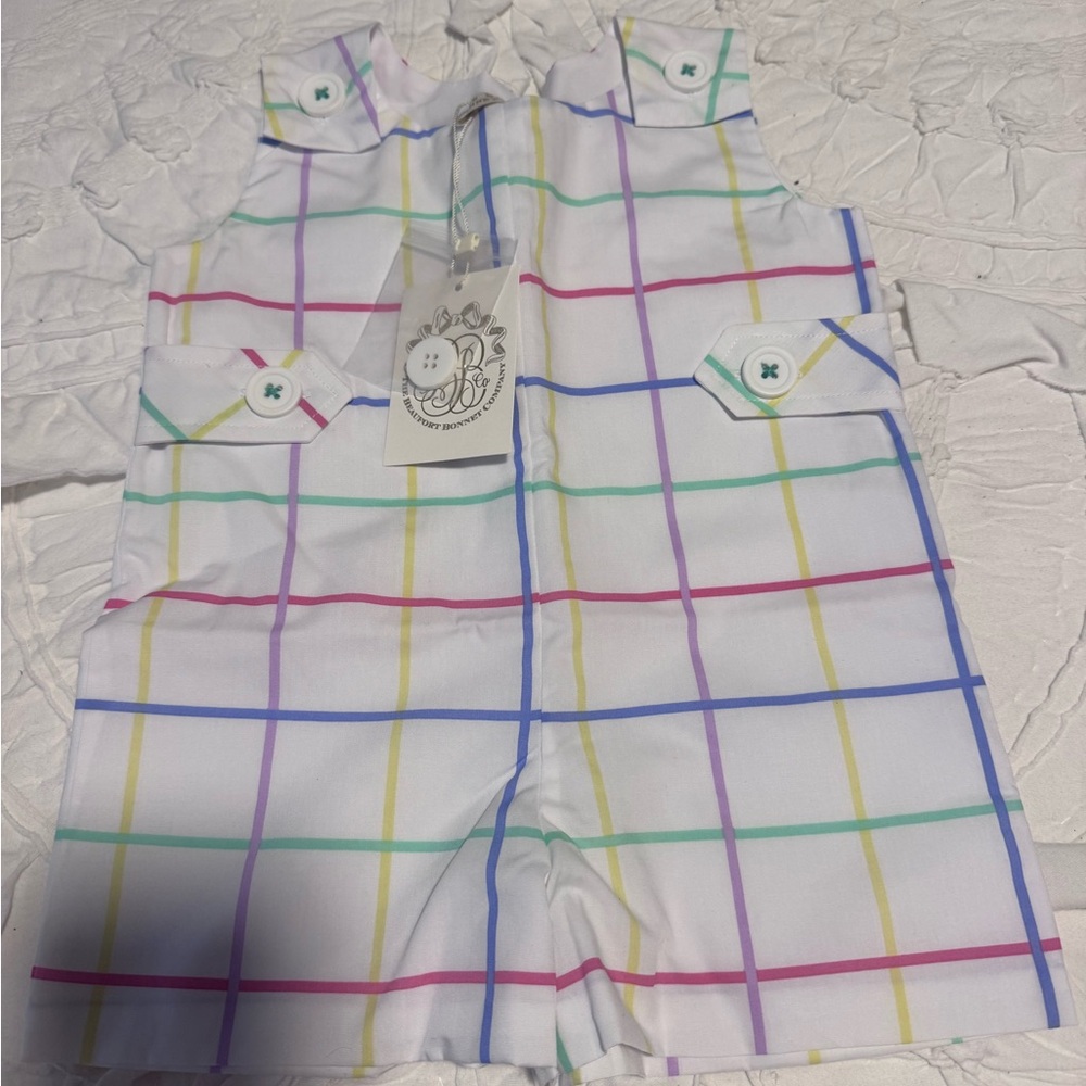 The Beaufort Bonnet Company White Kids One-Piece Romper with Rainbow Plaid